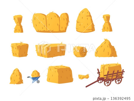 Haystack flat icons vector set, cartoon bale of hay, straw barn and square and rolled hayloft, forage pasture heap, cart 136392495