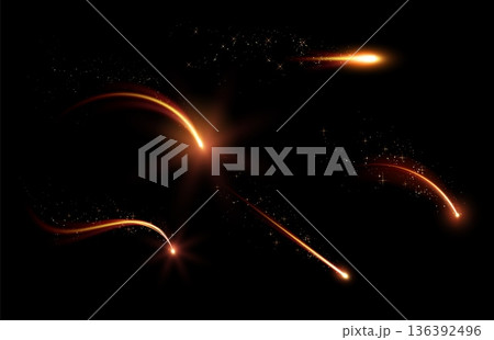 A set of abstract glowing falling golden lights with bright flashes and shimmering particles. 136392496