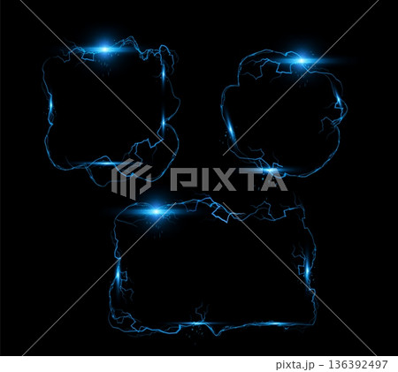 Thunderbolt blue lightning spark effects vector set on black, bolt voltage borders, energy beam, electric burst frames Thunderbolt blue lightning spark effects vector set on black, bolt voltage borders, energy beam, electric burst frames 136392497