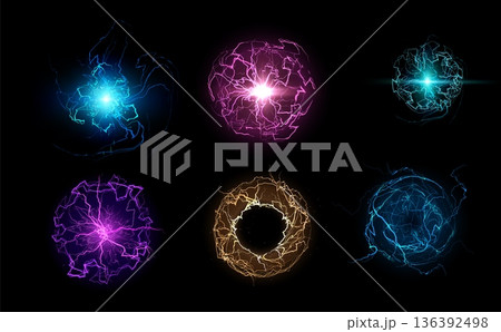 A set of round lightning bolts in various bright neon colors, with a glow effect and flashes. 136392498
