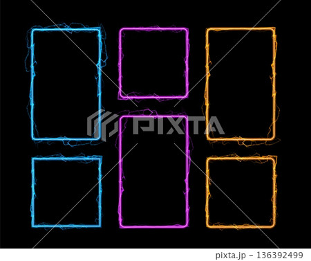 Abstract rectangular and square frames with glowing gold, pink, and blue lightning bolts. Abstract rectangular and square frames with glowing gold, pink, and blue lightning bolts. 136392499