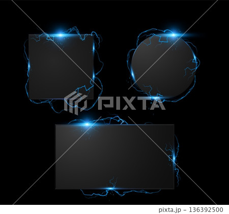 Thunderbolt blue lightning spark effect frame with sparkles around black plates vector set, energy burst power charge 136392500