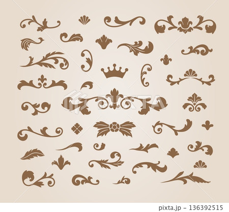 A set of abstract vintage brown ornaments in the Baroque style. 136392515