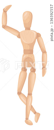 Wooden figurine waving hand. Handmade toy pose Wooden figurine waving hand. Handmade toy pose 136392557