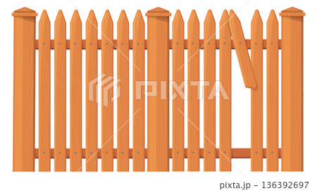 Broken wooden picket fence. Tall backyard barrier 136392697