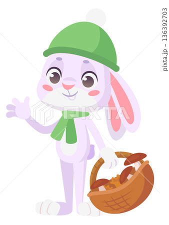 Autumn bunny with mushroom basket. Cartoon rabbit character Autumn bunny with mushroom basket. Cartoon rabbit character 136392703