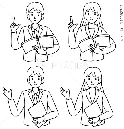 説明するビジネスマンとビジネスウーマン　線画 136392746