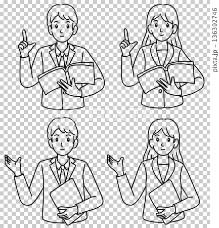 説明するビジネスマンとビジネスウーマン　線画 136392746
