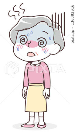 発熱・高熱でつらそうなシニア女性のイラスト（体調不良・インフルエンザ） 136392916