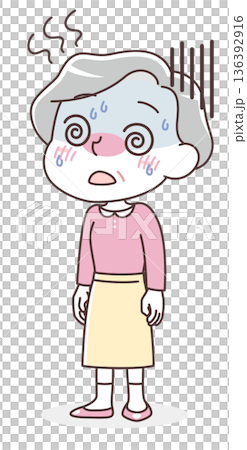 発熱・高熱でつらそうなシニア女性のイラスト（体調不良・インフルエンザ） 136392916