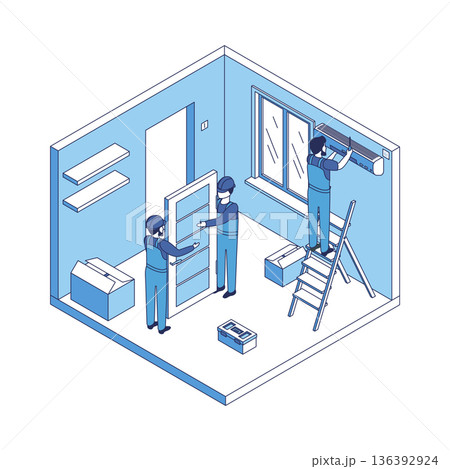 Cartoon Color Door Installation House Construction Concept 3d Isometric View Line Elements. Vector illustration of Renovation or Fixing Service 136392924