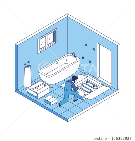 Cartoon Color Bath Installation House Construction Concept 3d Isometric View Line Elements. Vector illustration of Renovation or Fixing Service 136392927