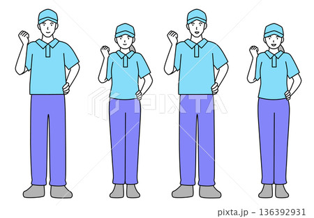 笑顔でガッツポーズをする男女の作業員のシンプルな線画ベクターイラストセット・全身 136392931
