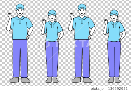 笑顔でガッツポーズをする男女の作業員のシンプルな線画ベクターイラストセット・全身 136392931