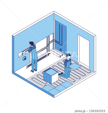 Cartoon Color Bathroom Works House Construction Concept 3d Isometric View Line Elements. Vector illustration of Renovation or Fixing Service 136392933