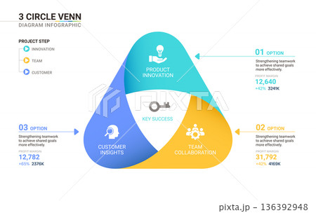 3 Circle Venn diagram infographic template. Interlocking Mobius strip loops with icons for business presentation. 3 Circle Venn diagram infographic template. Interlocking Mobius strip loops with icons for business presentation. 136392948