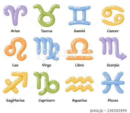 Colorful cartoon style clipart set of all 12 zodiac symbols Colorful cartoon style clipart set of all 12 zodiac symbols 136392949