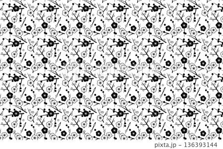 シームレスなモノクロ和柄パターン。紅白梅模様。 136393144