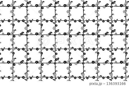 シームレスなモノクロ和柄パターン。格子に紅白梅。 136393166