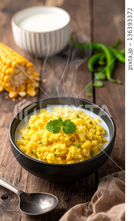 Steaming hot umphokoqo crumbly maize meal served with bowl of cold milk on wooden outdoor table. Steaming hot umphokoqo crumbly maize meal served with bowl of cold milk on wooden outdoor table. 136393372