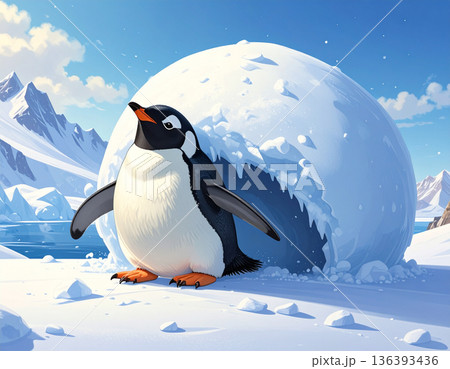 A clumsy penguin is comically flattened underneath a giant snowball that it was trying to push. A clumsy penguin is comically flattened underneath a giant snowball that it was trying to push. 136393436