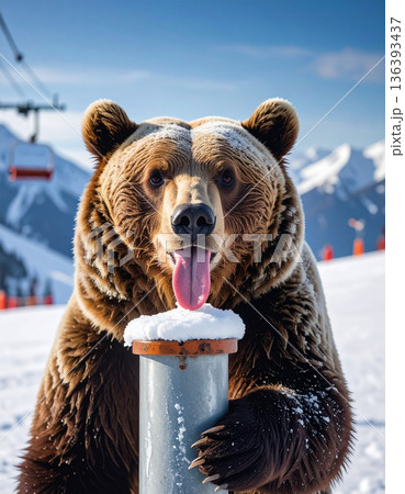 A curious grizzly bear gets its tongue stuck to a frozen metal pole near a ski lift. A curious grizzly bear gets its tongue stuck to a frozen metal pole near a ski lift. 136393437