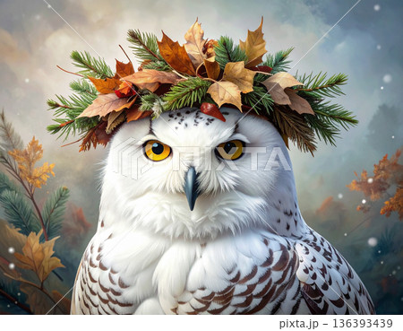 A grumpy snowy owl wears a funny makeshift hat made from dried leaves and pine branches. A grumpy snowy owl wears a funny makeshift hat made from dried leaves and pine branches. 136393439