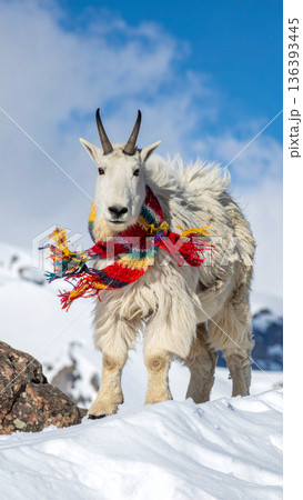 A mountain goat stands on a snowy peak wearing a colorful knitted scarf that is blowing wildly. 136393445