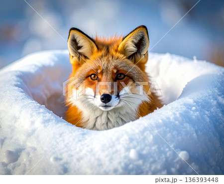 A red fox is humorously stuck headfirst in a deep snowdrift with only its fluffy tail visible. A red fox is humorously stuck headfirst in a deep snowdrift with only its fluffy tail visible. 136393448