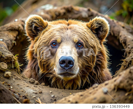 A very groggy bear with messy fur pokes its head out of a den looking extremely grumpy. A very groggy bear with messy fur pokes its head out of a den looking extremely grumpy. 136393449