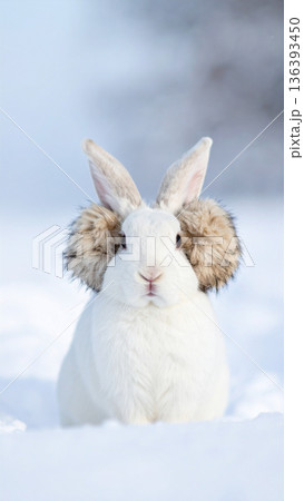 A white rabbit sits in deep snow wearing two smaller rabbits on its head as makeshift earmuffs. A white rabbit sits in deep snow wearing two smaller rabbits on its head as makeshift earmuffs. 136393450