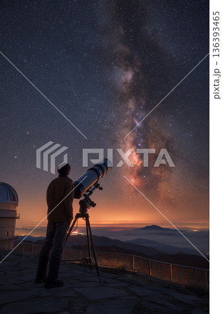 An astronomer peering through a large telescope at a mountaintop observatory under the stars. 136393465