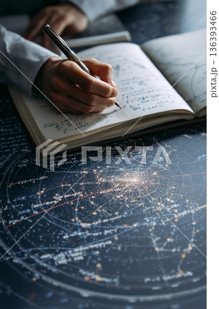 An astronomer writing notes in a research journal while surrounded by equations and star maps. 136393466