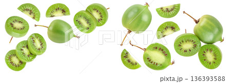 mini kiwi baby fruit or actinidia arguta isolated on white background. Top view with copy space for your text. Flat lay 136393588
