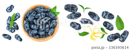 Fresh honeysuckle blue berry in wooden bowl isolated on white background with full depth of field. Top view. Flat lay 136393614