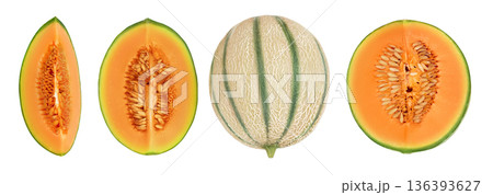 Cantaloupe melon isolated on white background with full depth of field. Top view. Flat lay Cantaloupe melon isolated on white background with full depth of field. Top view. Flat lay 136393627