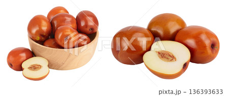 jujube or chinese date in wooden bowl isolated on white background with full depth of field 136393633