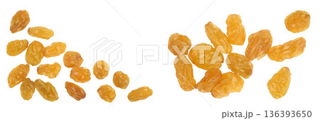 Yellow raisin isolated on white background . Top view with copy space for your text. . Flat lay 136393650
