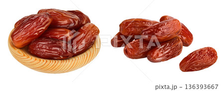 Dates in wooden bowl isolated on white background with full depth of field. 136393667