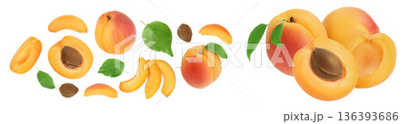 apricot fruit with half and slices isolated on white background. Clipping path. Top view. Flat lay apricot fruit with half and slices isolated on white background. Clipping path. Top view. Flat lay 136393686