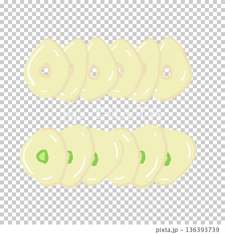 Illustration of sliced garlic. Sliced garlic used for flavoring dishes and chips. 136393739