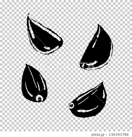 Monochrome illustration of multiple peeled garlic cloves Garlic silhouette with scattered grains Monochrome illustration of multiple peeled garlic cloves Garlic silhouette with scattered grains 136393766