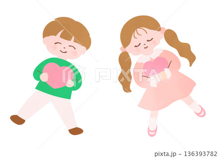 ハートを持つ男の子と女の子の絵本タッチのイラスト|幸せや優しさを表すイラスト ハートを持つ男の子と女の子の絵本タッチのイラスト|幸せや優しさを表すイラスト 136393782