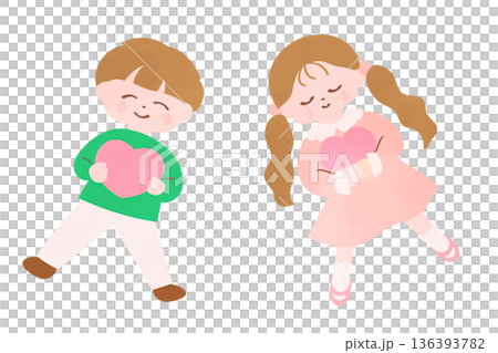 ハートを持つ男の子と女の子の絵本タッチのイラスト|幸せや優しさを表すイラスト ハートを持つ男の子と女の子の絵本タッチのイラスト|幸せや優しさを表すイラスト 136393782