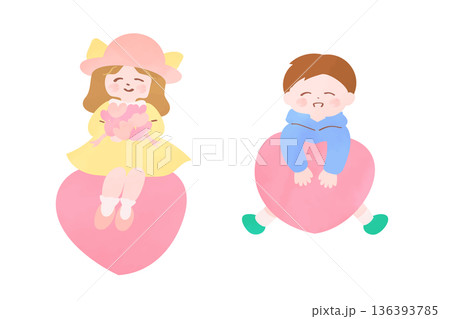 ハートに座る女の子と、ハートにもたれる男の子｜バレンタイン向け素材 136393785