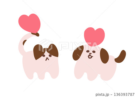 ハートを持っているゆる可愛い犬と猫のイラスト 136393787