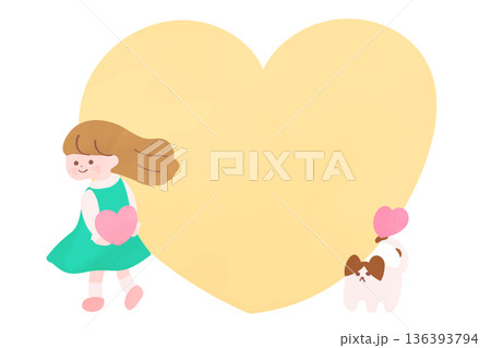 背中でハートを持つ女の子と猫のハートフレーム｜水彩タッチ 136393794