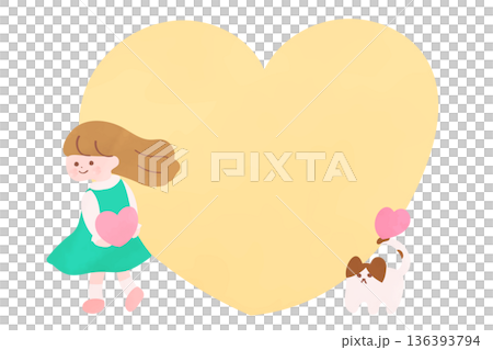 背中でハートを持つ女の子と猫のハートフレーム｜水彩タッチ 136393794