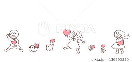 子供たちと犬猫ひよこの可愛い横長の背景テンプレート 子供たちと犬猫ひよこの可愛い横長の背景テンプレート 136393830