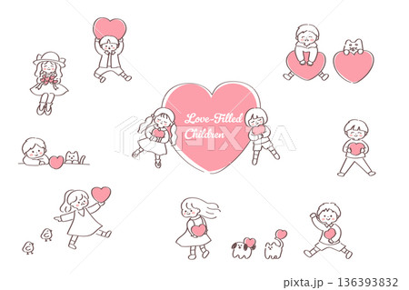 ピンクのハートと子供や動物の可愛い手書きイラストセット｜優しさと幸せを表現 136393832